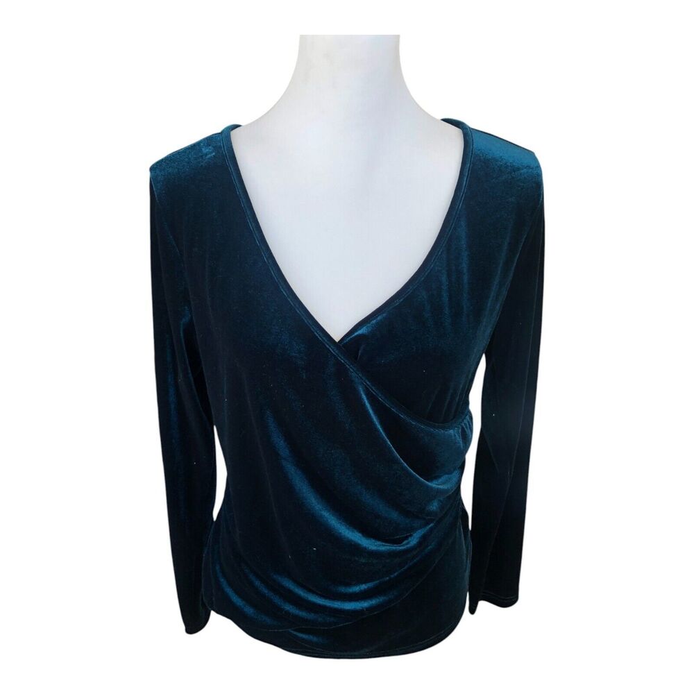Sexy Deep V-Neck Emerald Green Velvet Faux Wrap Cinched Waist Top‎ Blouse Size L